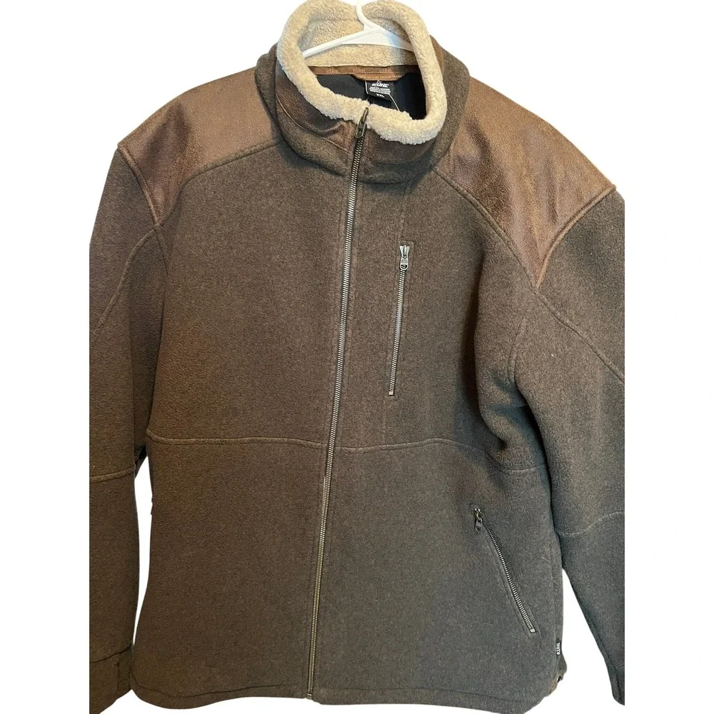 Kuhl Mens‎ XXL Fleece Jacket Brown Full Zip Shearling Collar Suede Shoulders